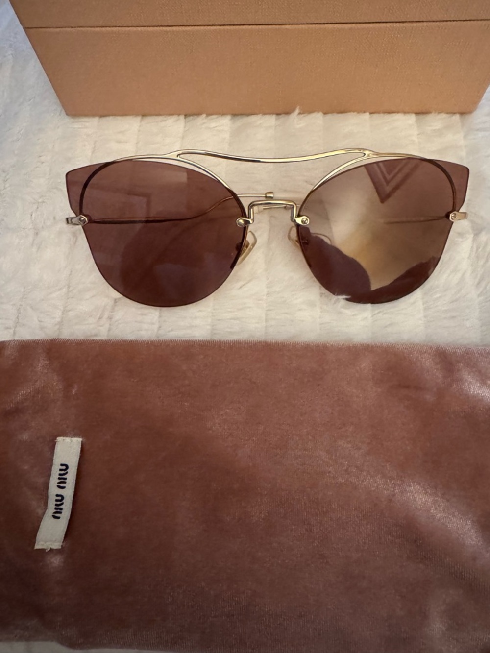 Miu Miu Gold Metal Frame Sunglasses with rose colored Lenses